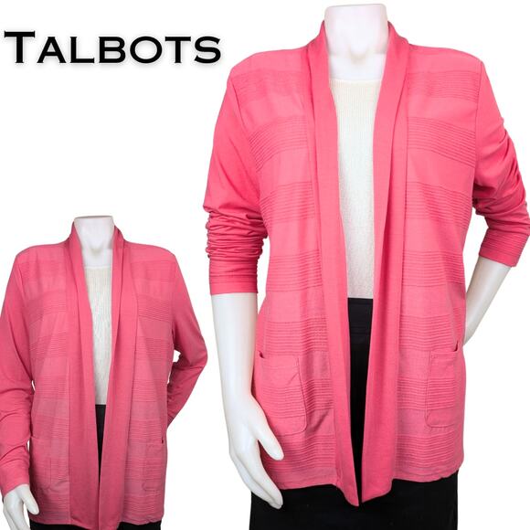 Talbots Open Cardigan Large Pink Lightweight Textured Woven Stretch Patch Pocket - Picture 1 of 12